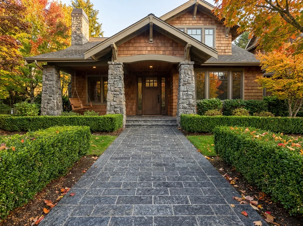 Craftsman home walkway with Black Ice L7 Labradorite pavers