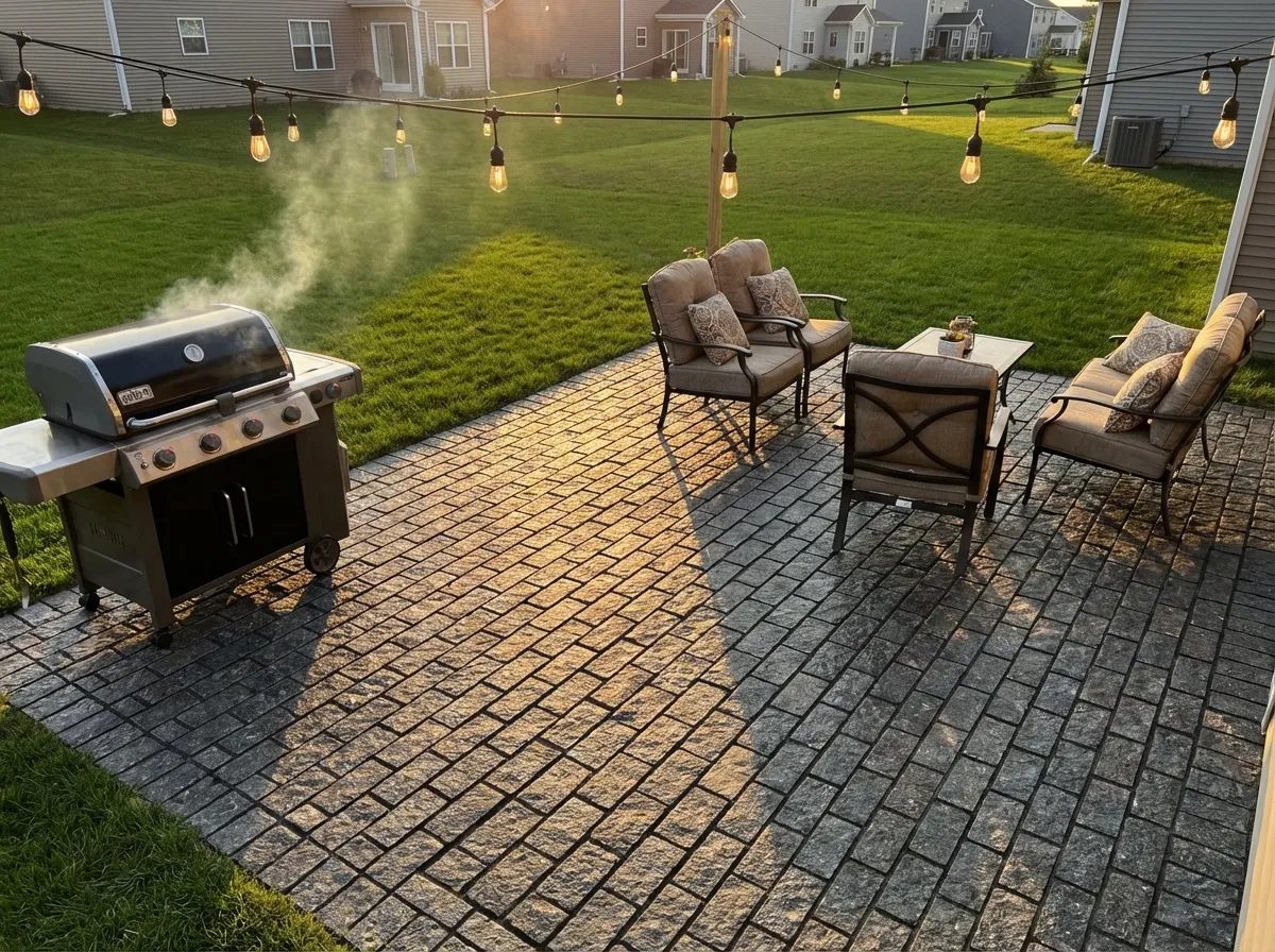 Backyard patio with grill and string lights at sunset