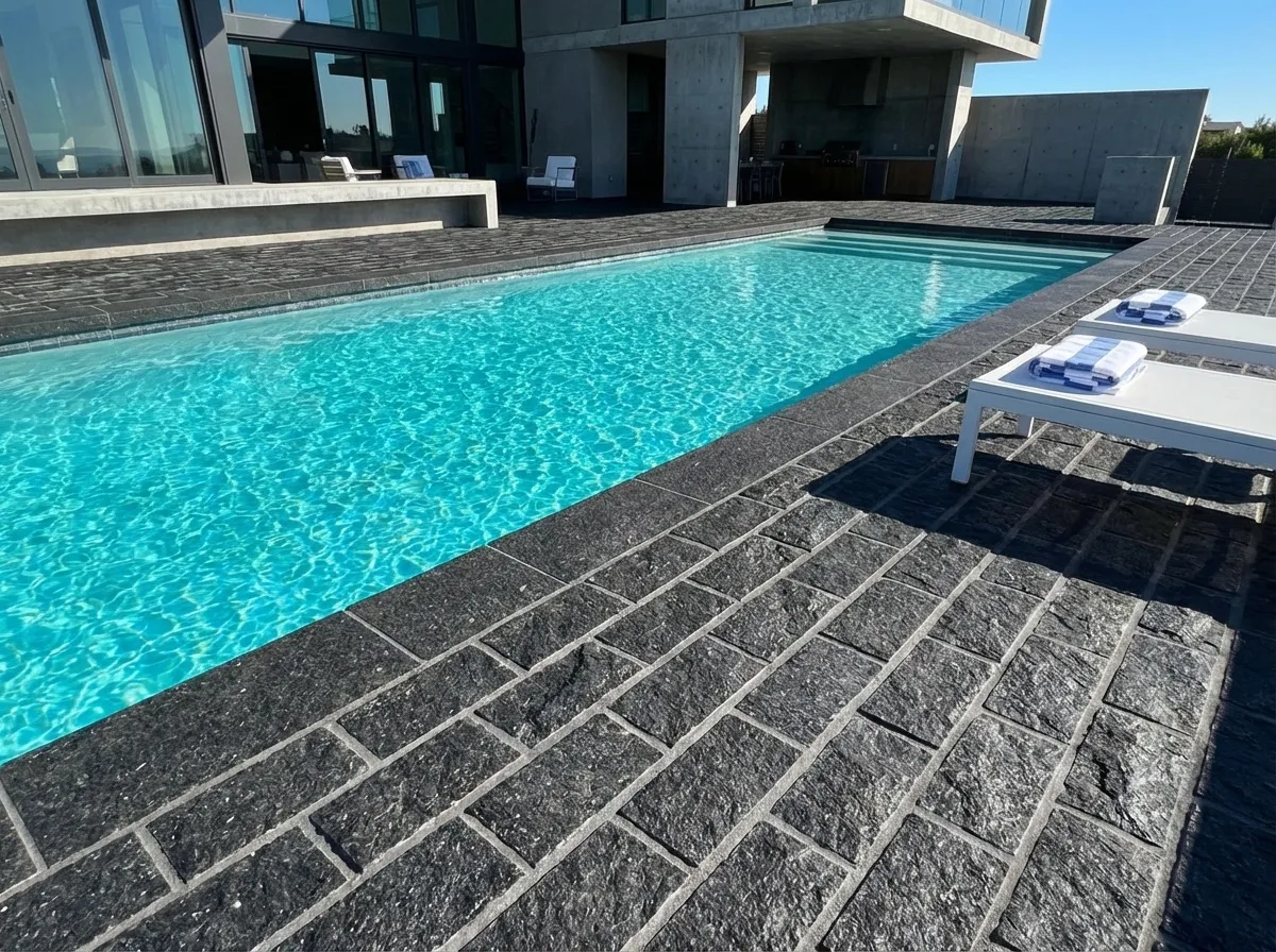 Modern pool deck with Black Ice L7 pavers