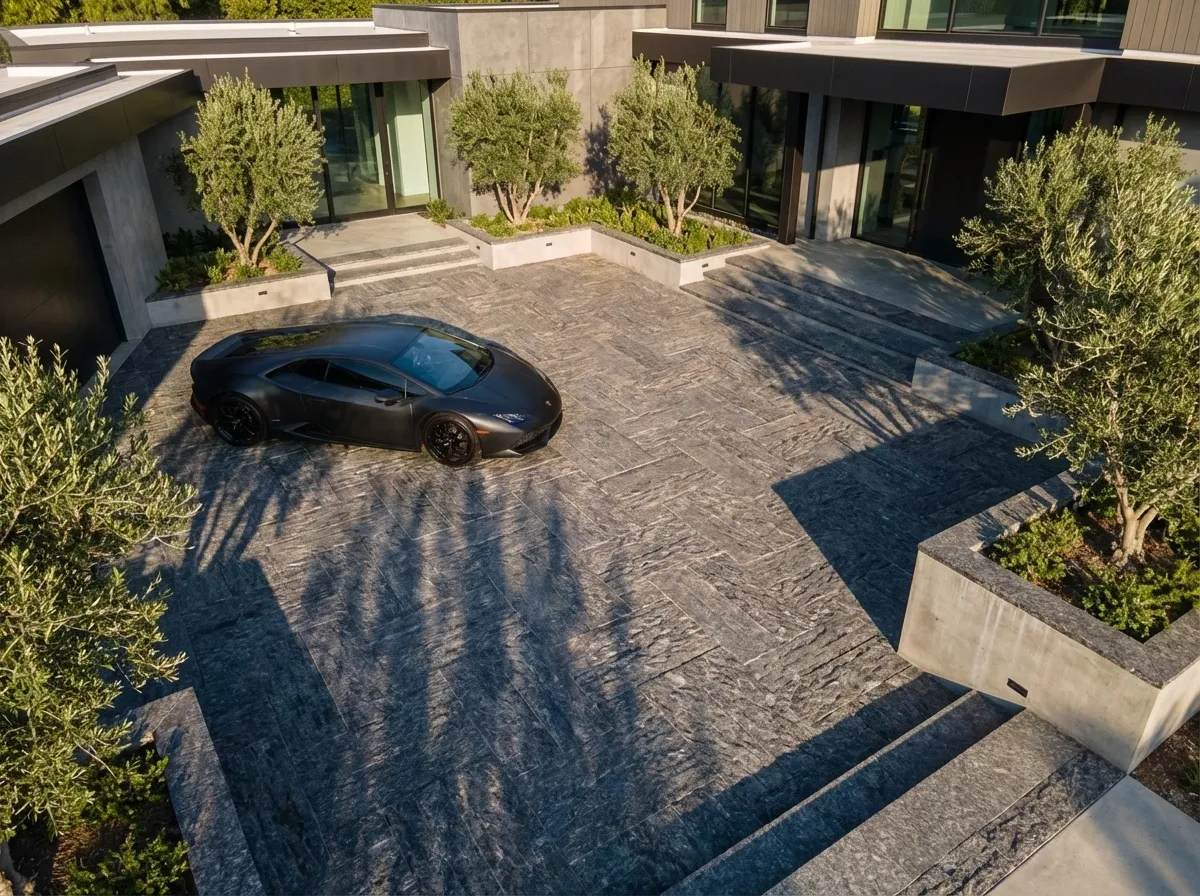 Aerial view of courtyard with black granite pavers