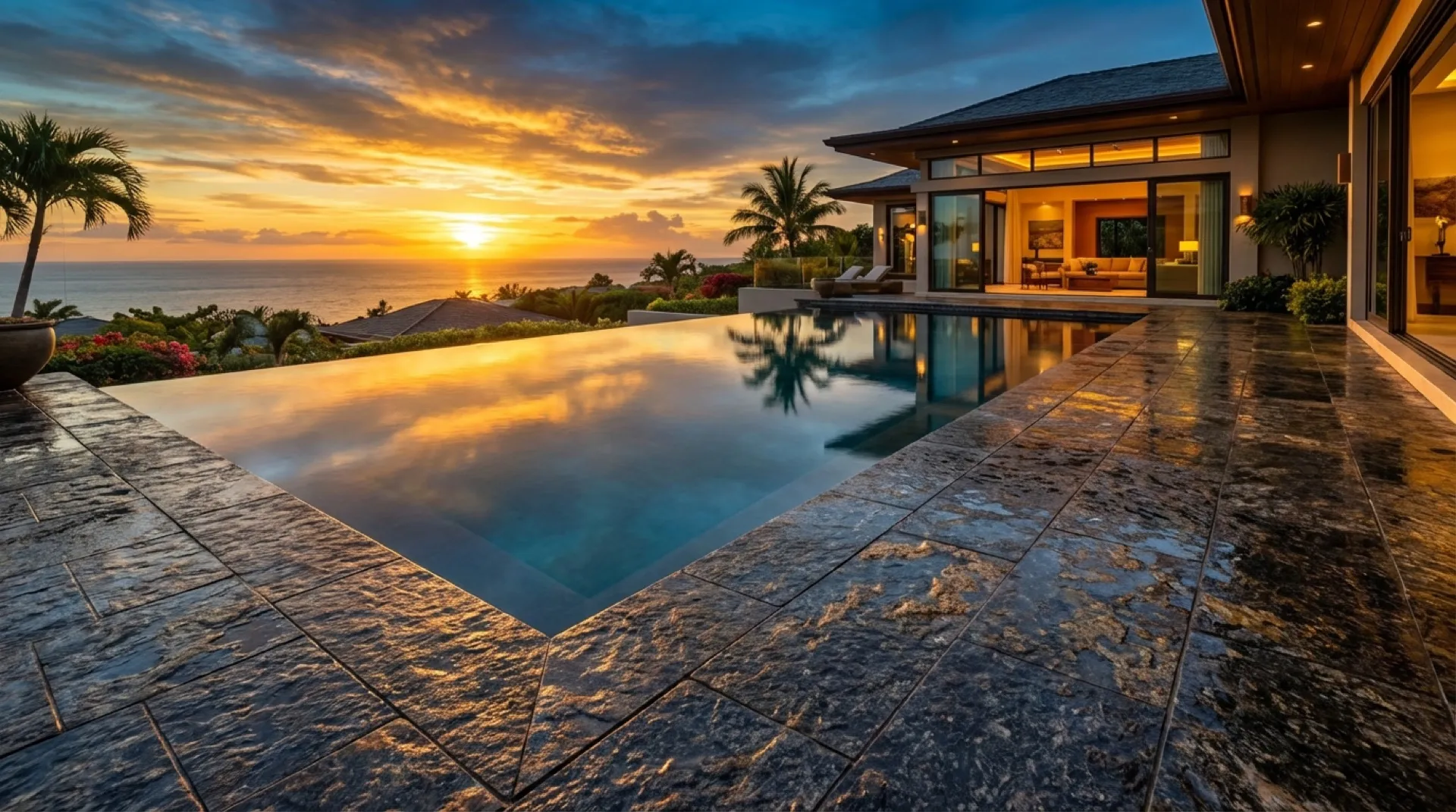 Black granite pool deck pavers at sunset
