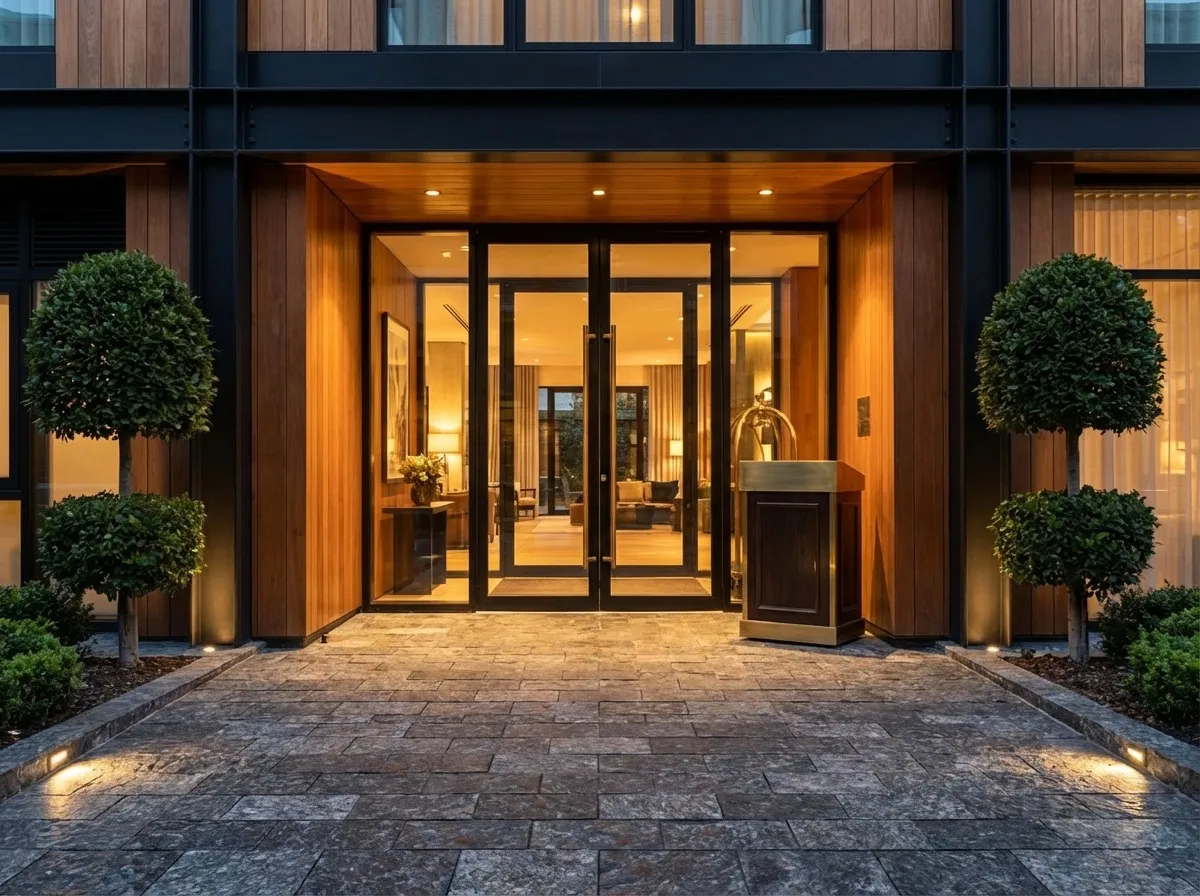 Hotel entrance with black granite pavers