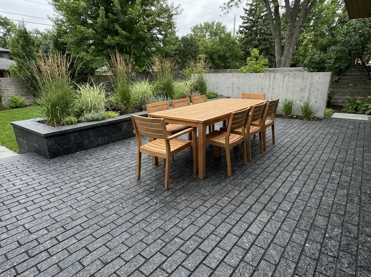 Modern patio with Black Ice L7 Labradorite pavers