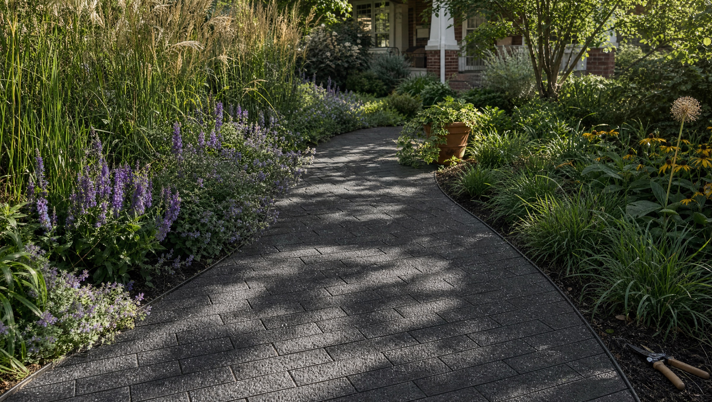 Dark splitface granite pavers laid as a garden path
